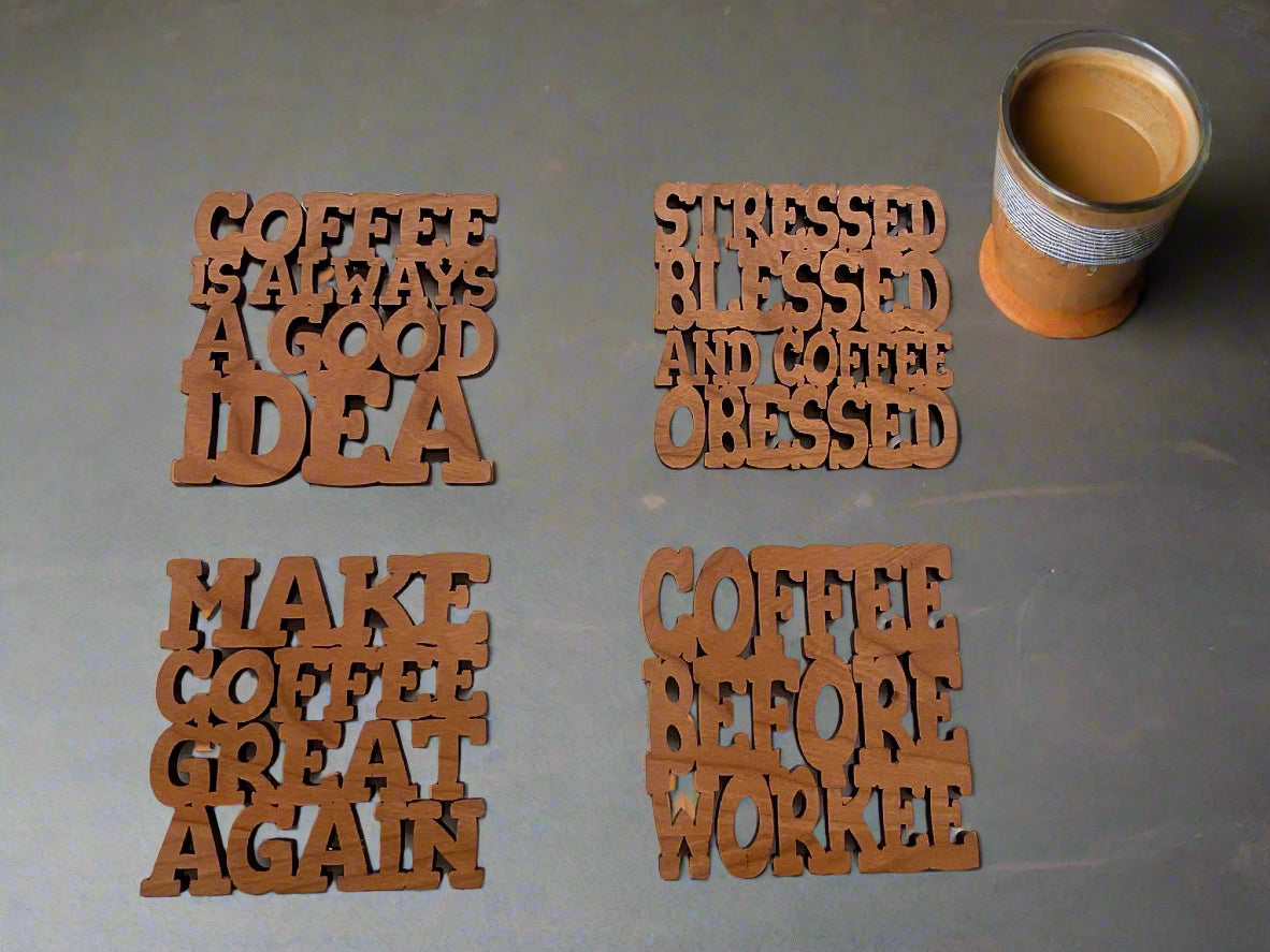 Coffee-themed wood coasters