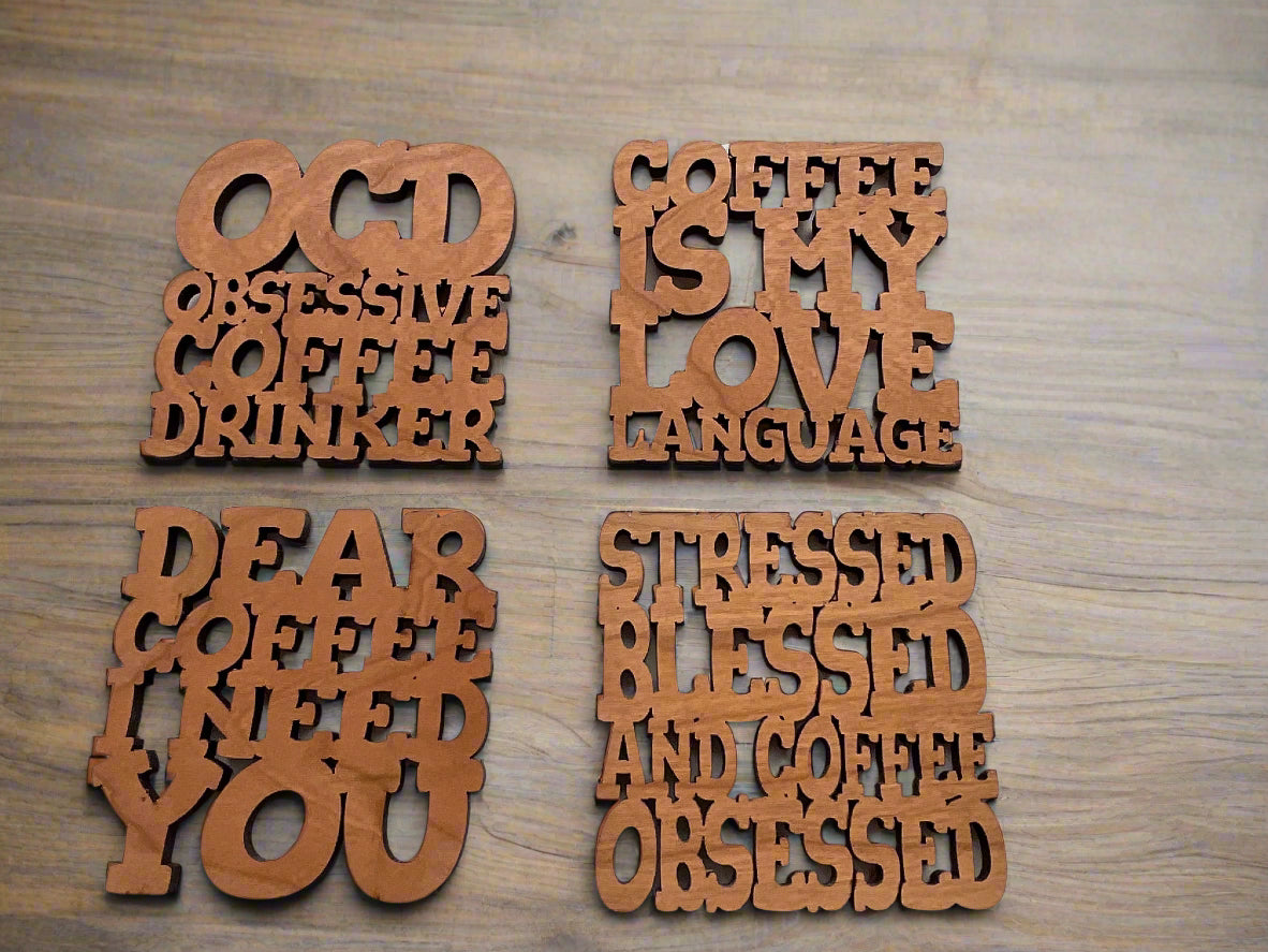 Coffee-themed wood coasters