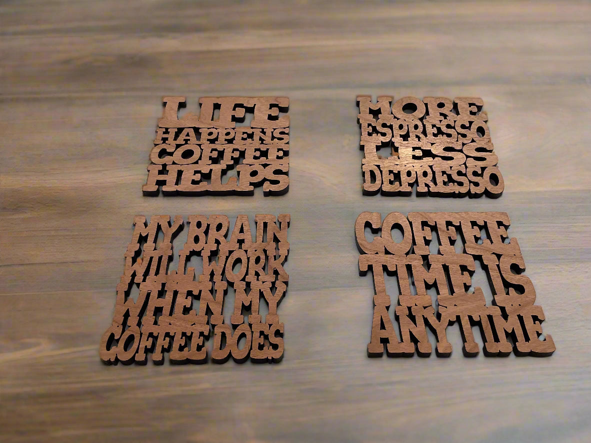 Coffee-themed wood coasters